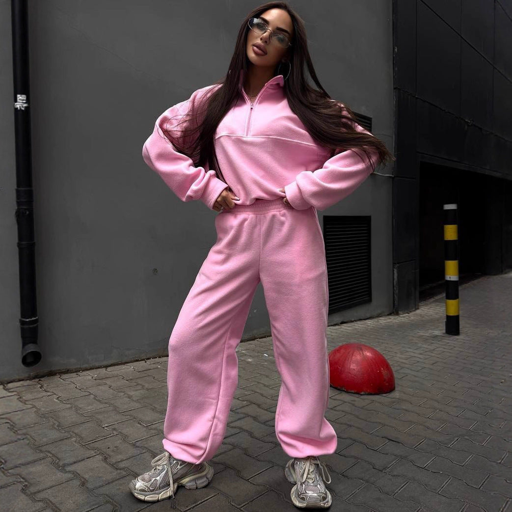 Damen Fleece-Jogginganzug Stehkragen Reißverschluss Schwarz Norvielle - Norvielle
