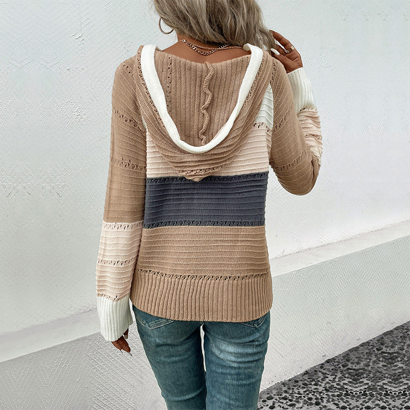 Damen Strickpullover Kapuze Streifenmuster Norvielle