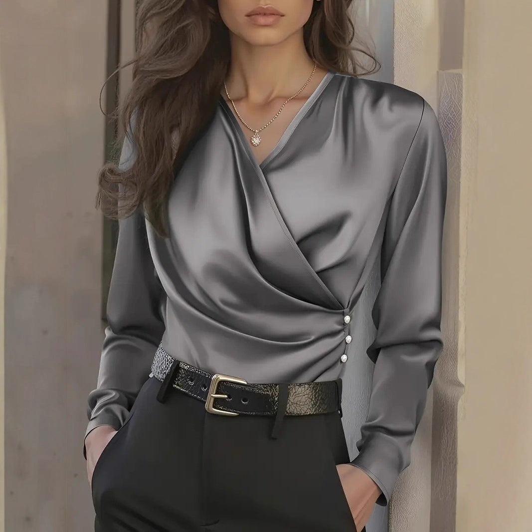 Damen Wickelbluse Satin Knöpfe Elegant Beige - Norvielle