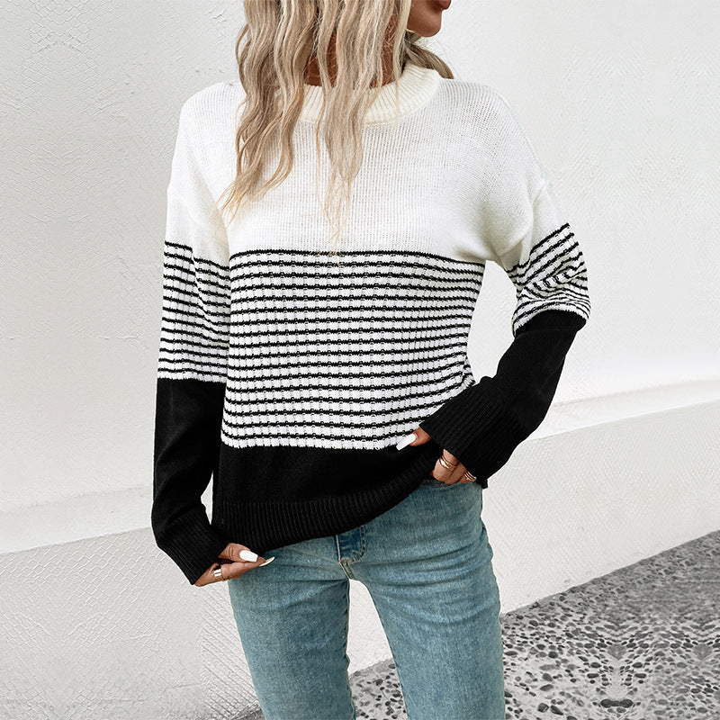 Damen Strickpullover Lässig Weit Gestreift Beige