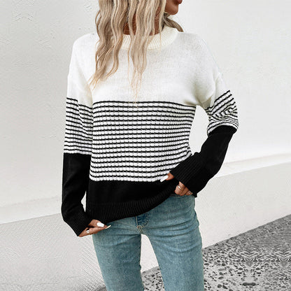 Damen Strickpullover Lässig Weit Gestreift Beige