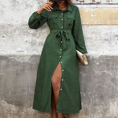 Damen Hemdblusenkleid Langarm Mit Bindegürtel Schlitz