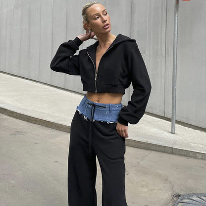 Damen Cropped Sweatjacken-Set Lässiger Bund
