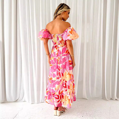 Damen Maxikleid Schulterfreies Design Puffärmel Norvielle