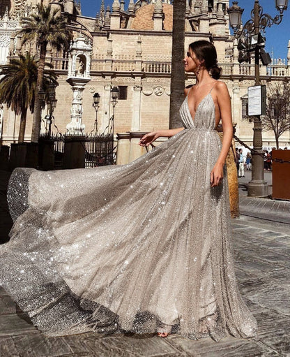 Damen Abendkleid V-Ausschnitt Pailletten Norvielle