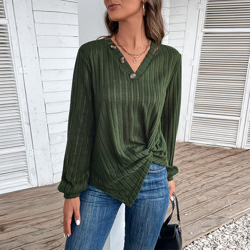 Damen Langarmshirt V-Ausschnitt Dekorative Knöpfe Norvielle - Norvielle