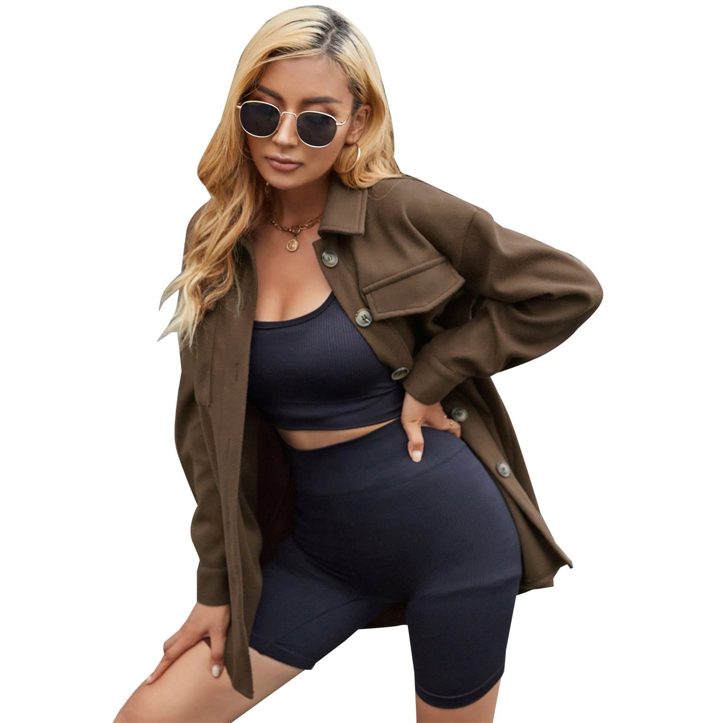 Damen Oversized-Hemdenjacke Weich Norvielle Mit Taschen Beige