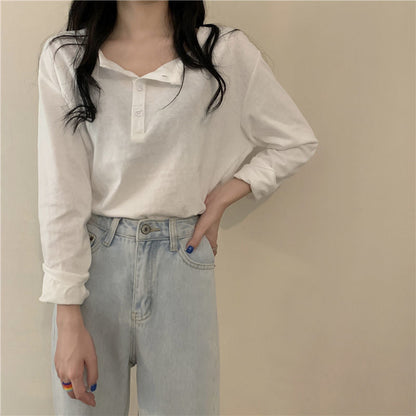 Damen Langarm Henley-Shirt Baumwolle Moderner Kragen