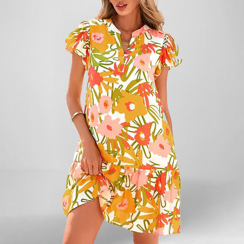Damen Kurzarm Kleid Fließend Rüschensaum Norvielle