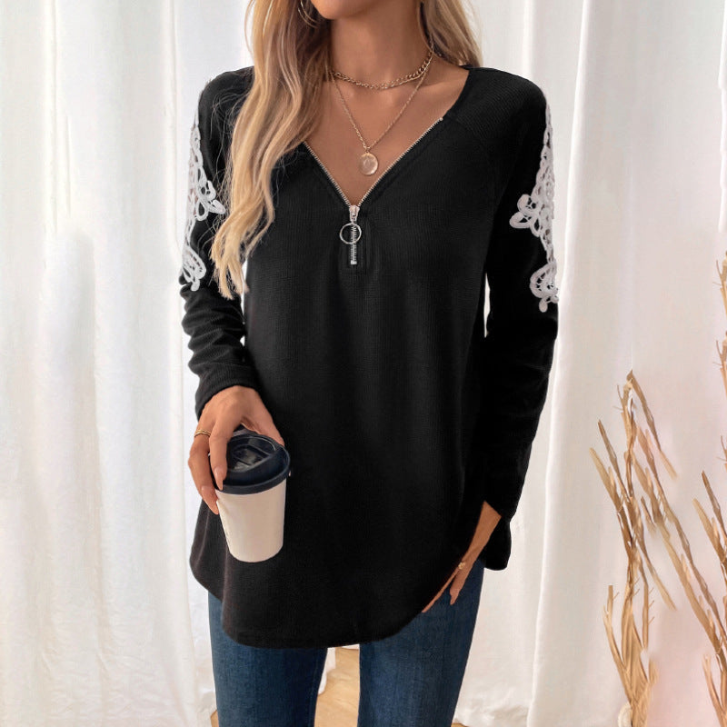 Damen Langarmshirt mit Reißverschluss und Spitze Norvielle