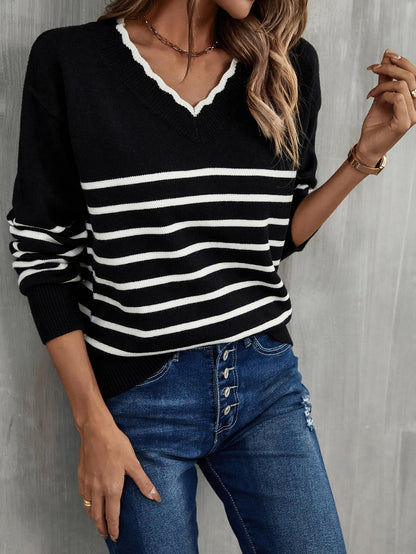Damen V-Pullover Streifenmuster Norvielle
