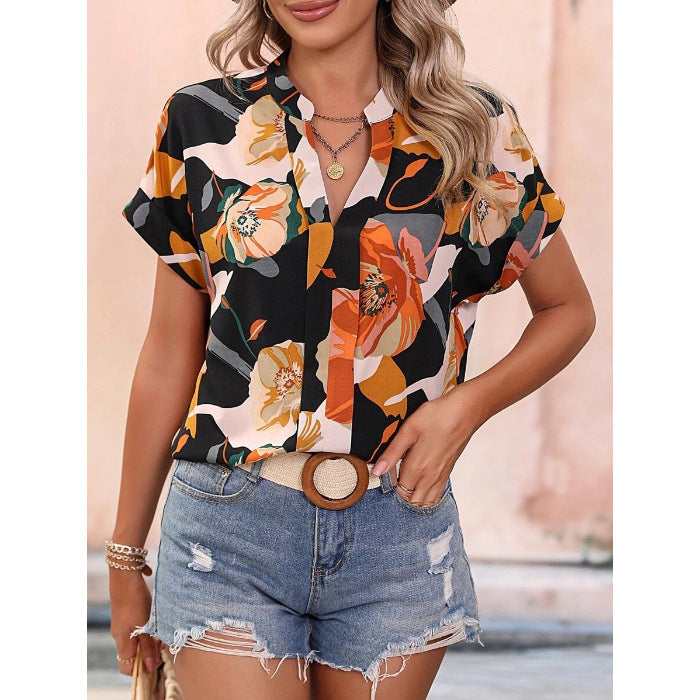 Damen Kurzarmbluse Paisley Muster Stehkragen
