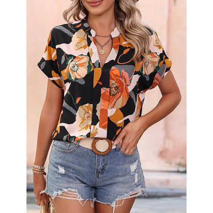 Damen Kurzarmbluse Paisley Muster Stehkragen