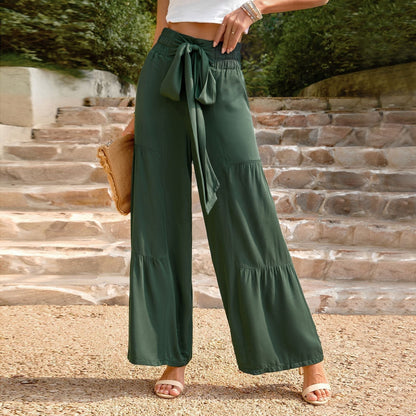 Damen Hose Hochtaillen Bindegürtel Weites Bein Sommerhose