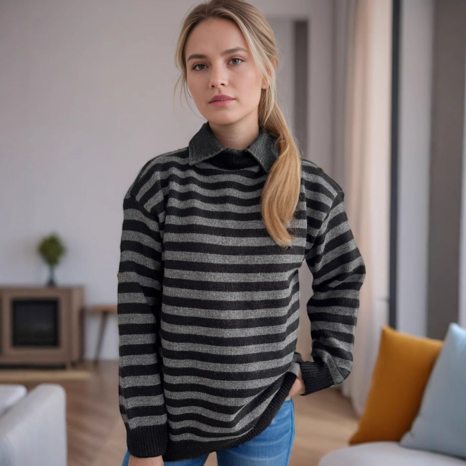 Damen Oversized Pullover Streifenmuster Lässig Beige