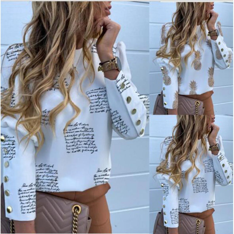 Damen Langarmshirt Elegant Schriftzug Dekorative Knöpfe Norvielle