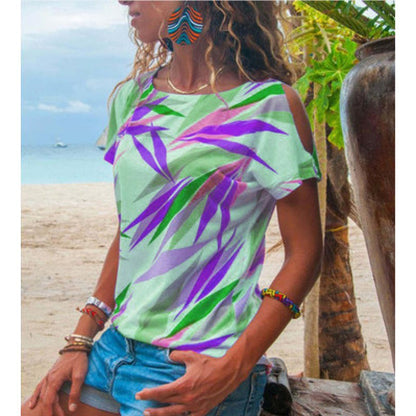 Damen T-Shirt Asymmetrisch Bunt Blattmotiv