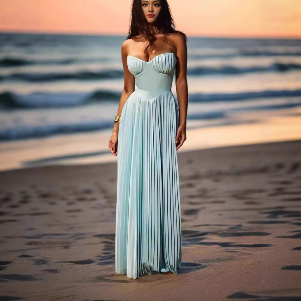 Damen Plisseekleid Herzausschnitt Fließender Rock Norvielle