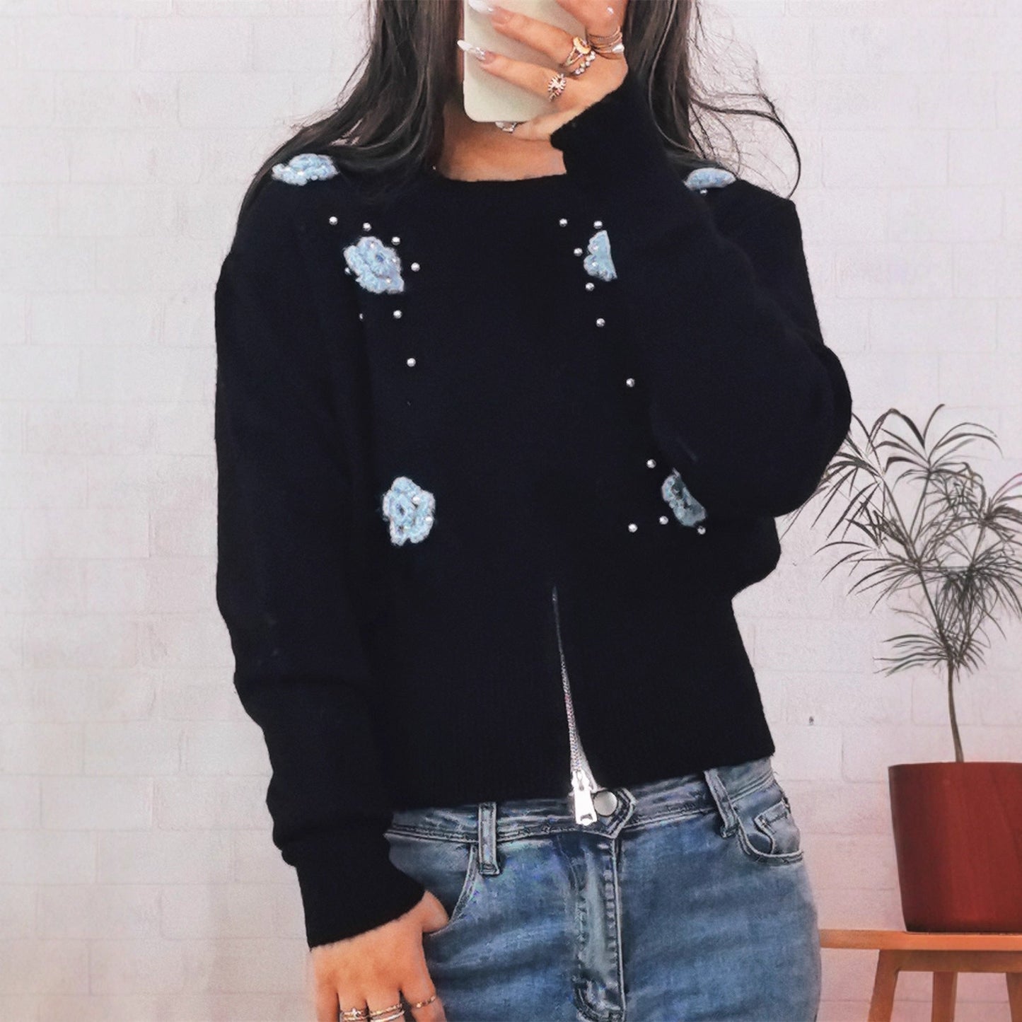 Damen Strickpullover mit Blumenapplikationen und Perlen Norvielle