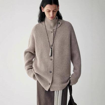 Damen Grobstrickcardigan Hochkragen Knopfleiste Norvielle