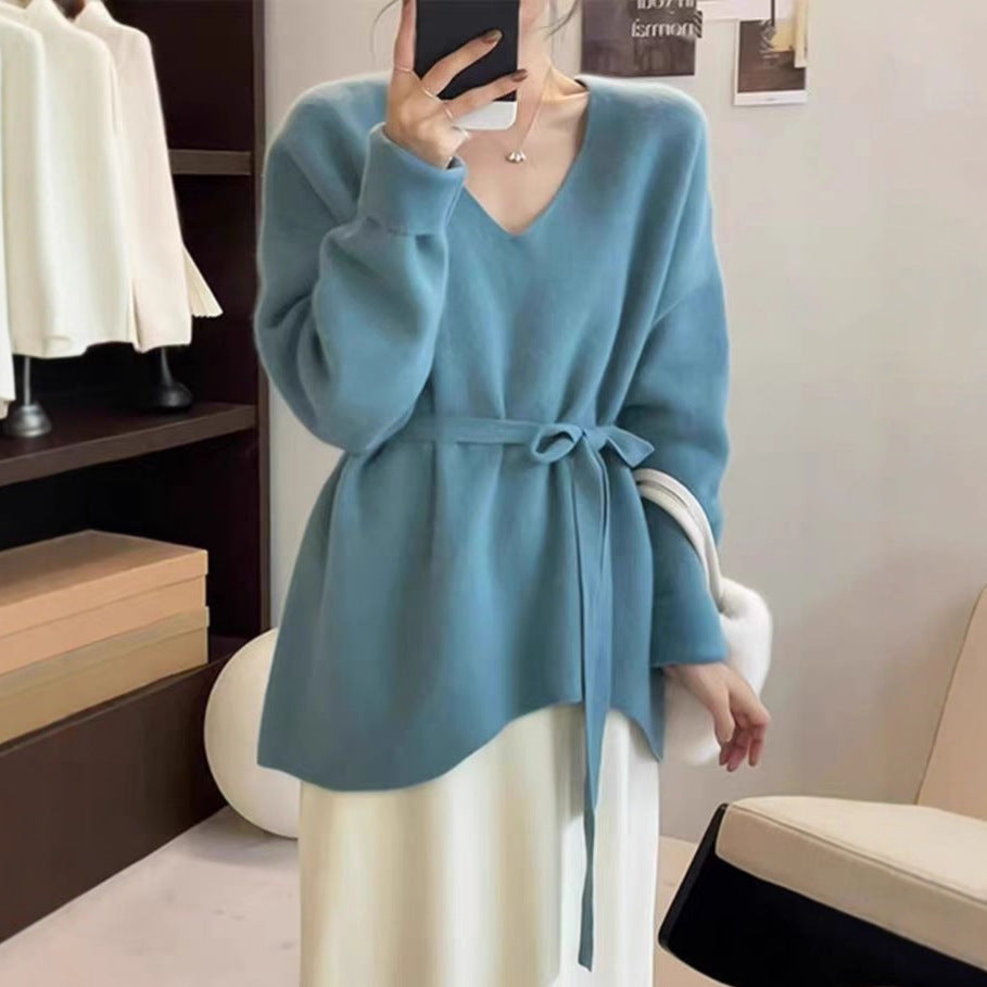 Damen Strickjacke V-Ausschnitt Taillengürtel Norvielle - Norvielle