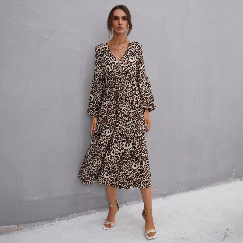 Damen Maxikleid Leopardenmuster Taillengürtel