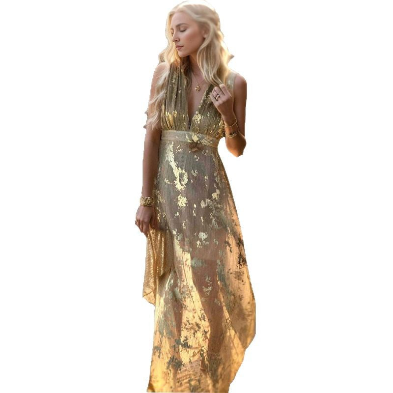 Damen Maxi-Kleid V-Ausschnitt Goldmuster Elegantes Norvielle