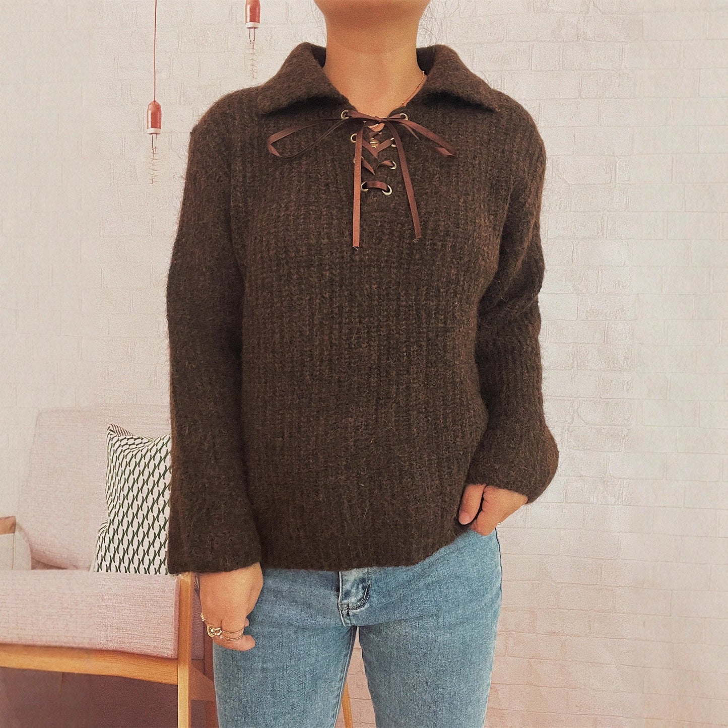 Damen Pullover Weiches Strickmaterial Mit Schnürung Beige