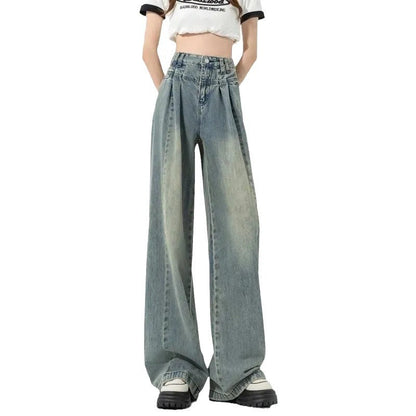 Damen Hochtaillierte Weite Jeans mit Falten