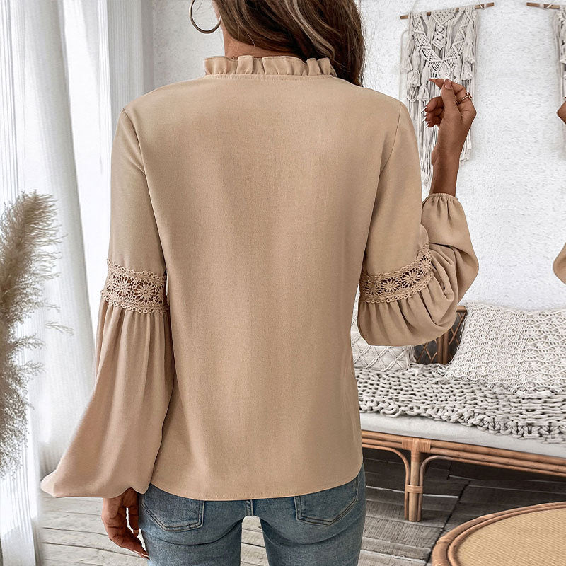 Damen Longbluse Spitzenakzente Feine Falten Norvielle