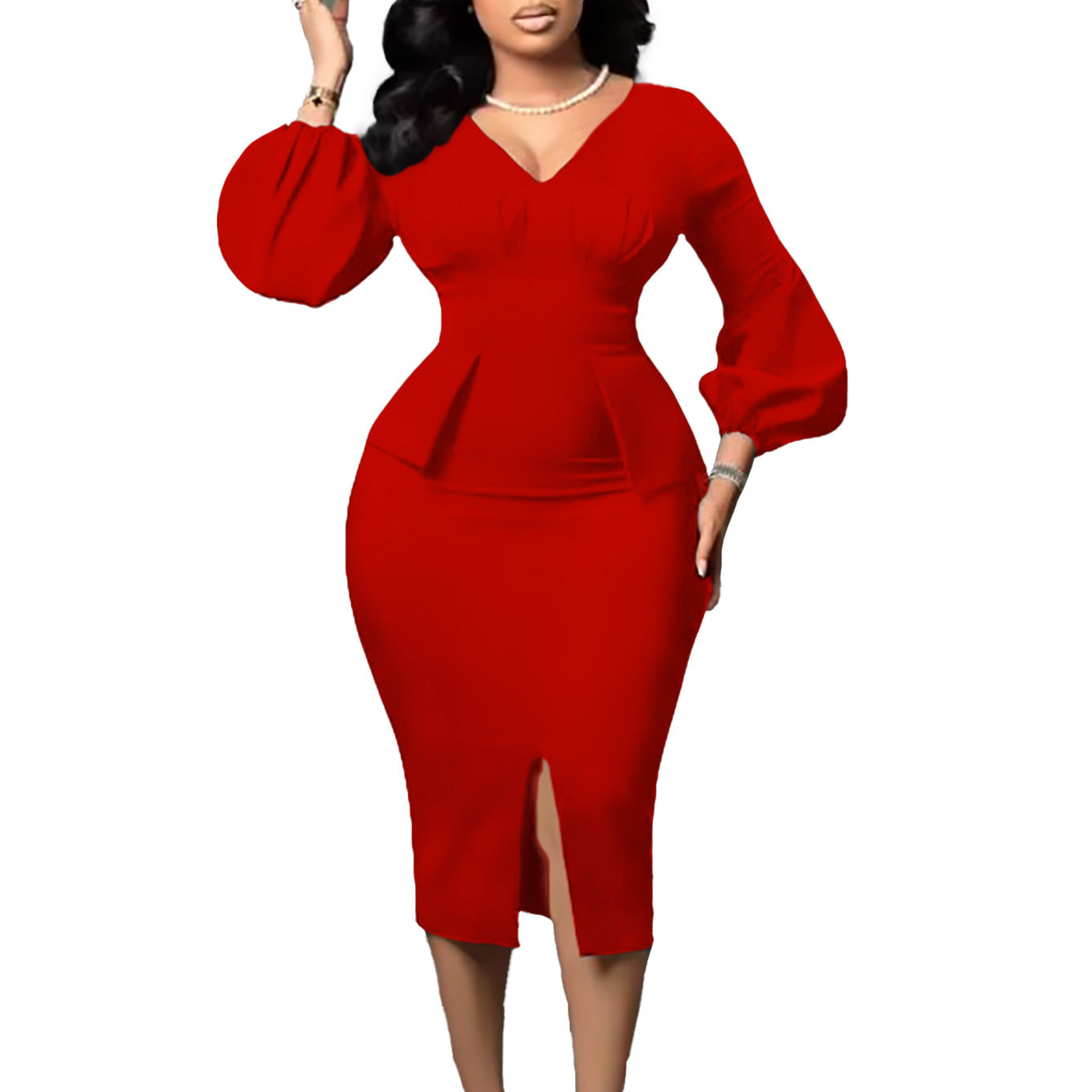 Damen Midi-Kleid Figurbetont Puffärmel Schlitz Norvielle
