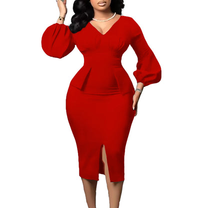 Damen Midi-Kleid Figurbetont Puffärmel Schlitz Norvielle