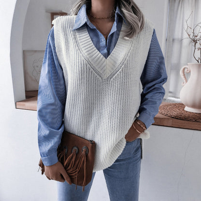 Damen Strickweste V-Ausschnitt Strukturiert Beige