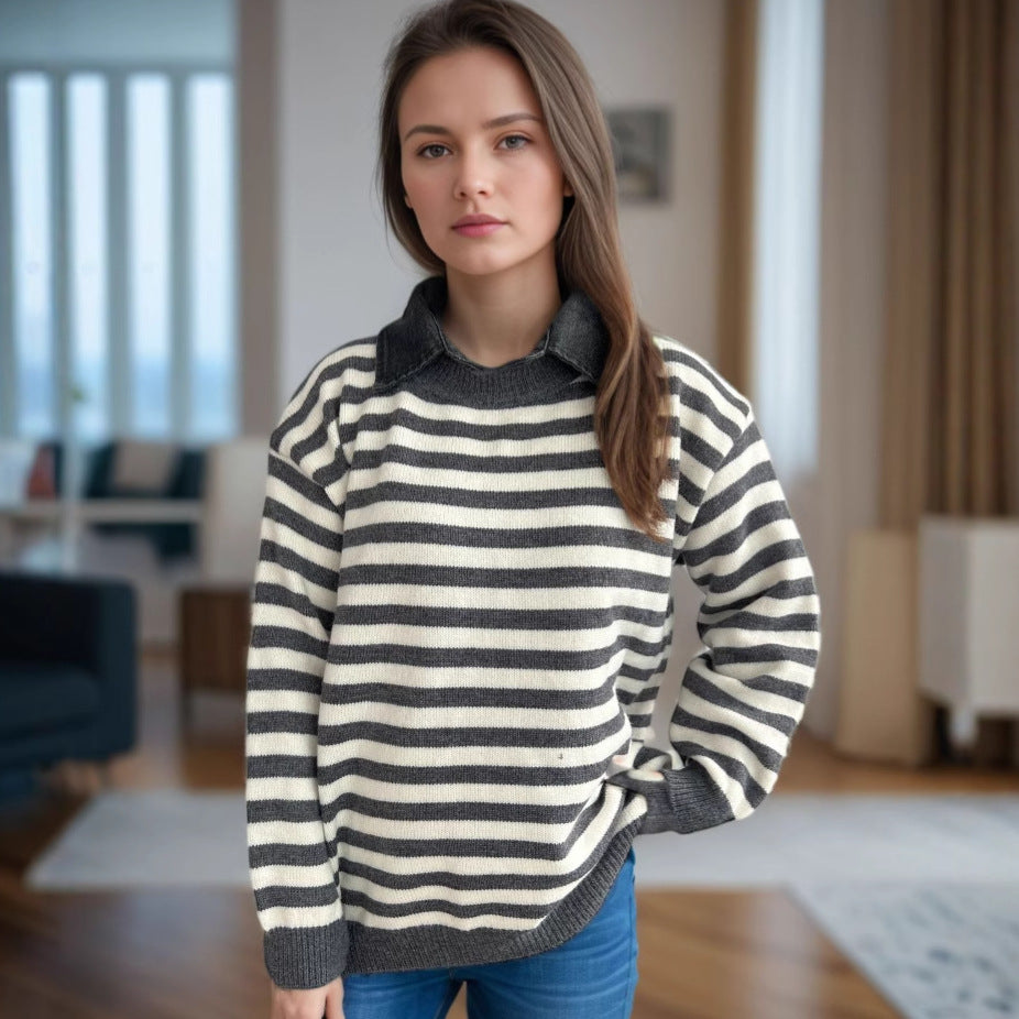 Damen Oversized Pullover Streifenmuster Lässig Beige