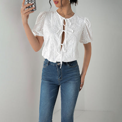 Damen Bluse Puffärmel Blumenmuster Kordelzug Norvielle