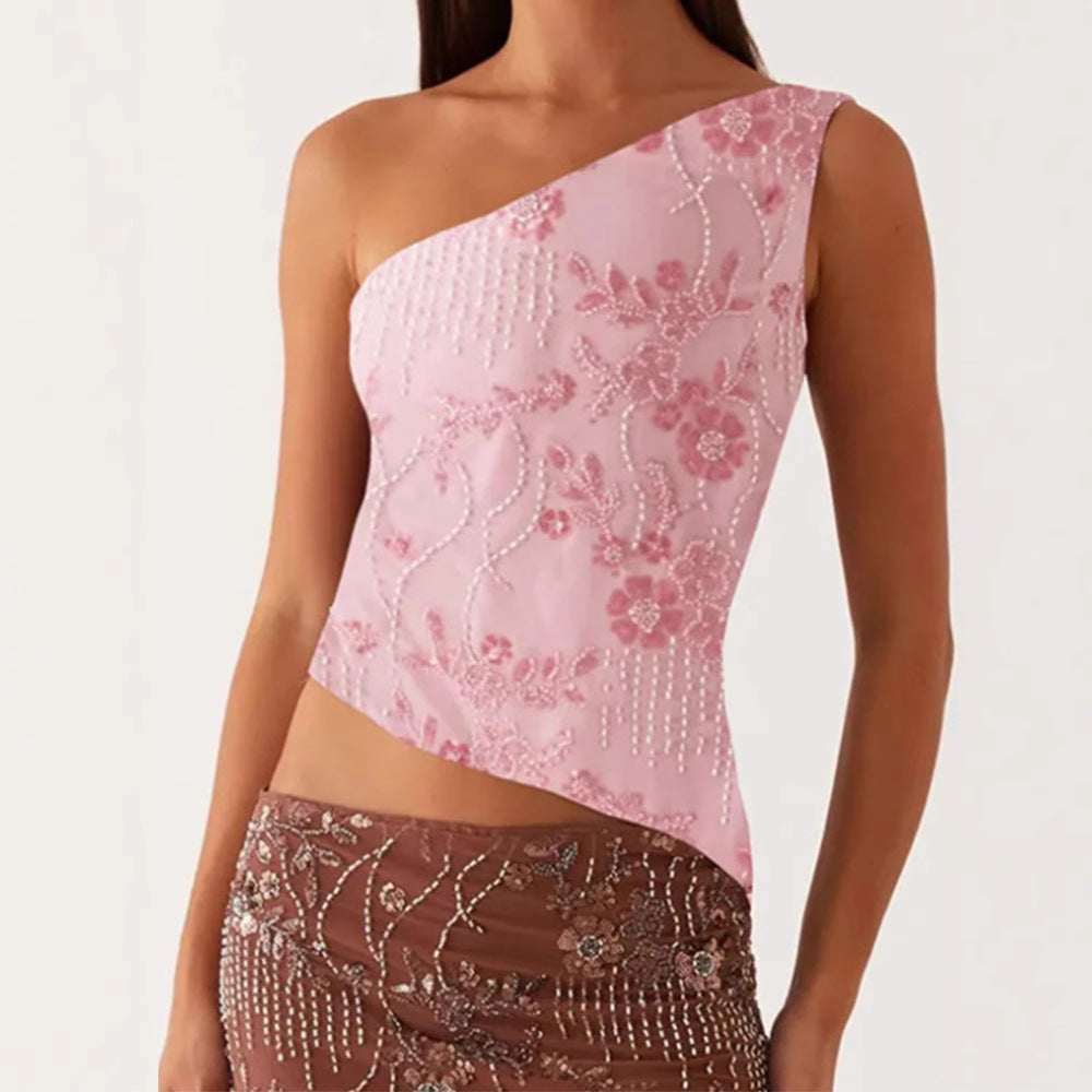 Damen Oberteil Asymmetrisch Florales Strassdesign