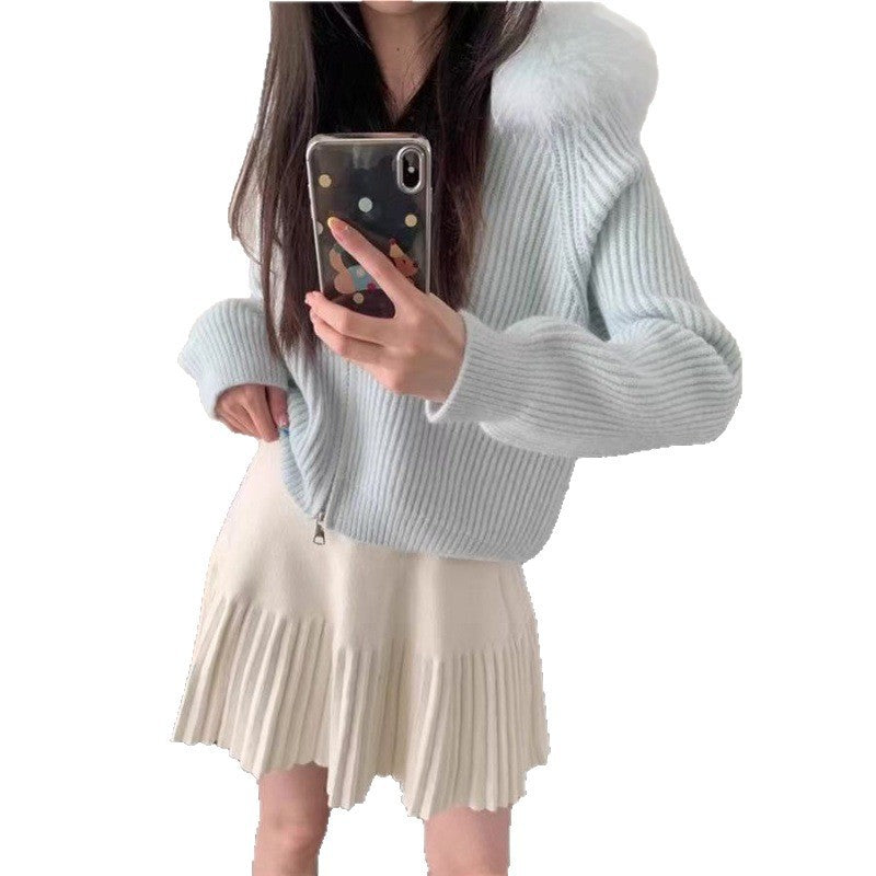 Damen Rippenstrickjacke Soft Norvielle Pelzkragen