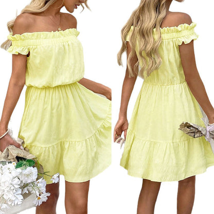 Damen Sommerkleid Kurz Schulterfrei Rüschensaum Norvielle