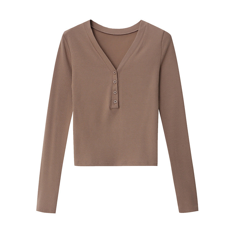 Damen Langarmshirt Rippstrick Modische Knöpfe