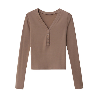 Damen Langarmshirt Rippstrick Modische Knöpfe