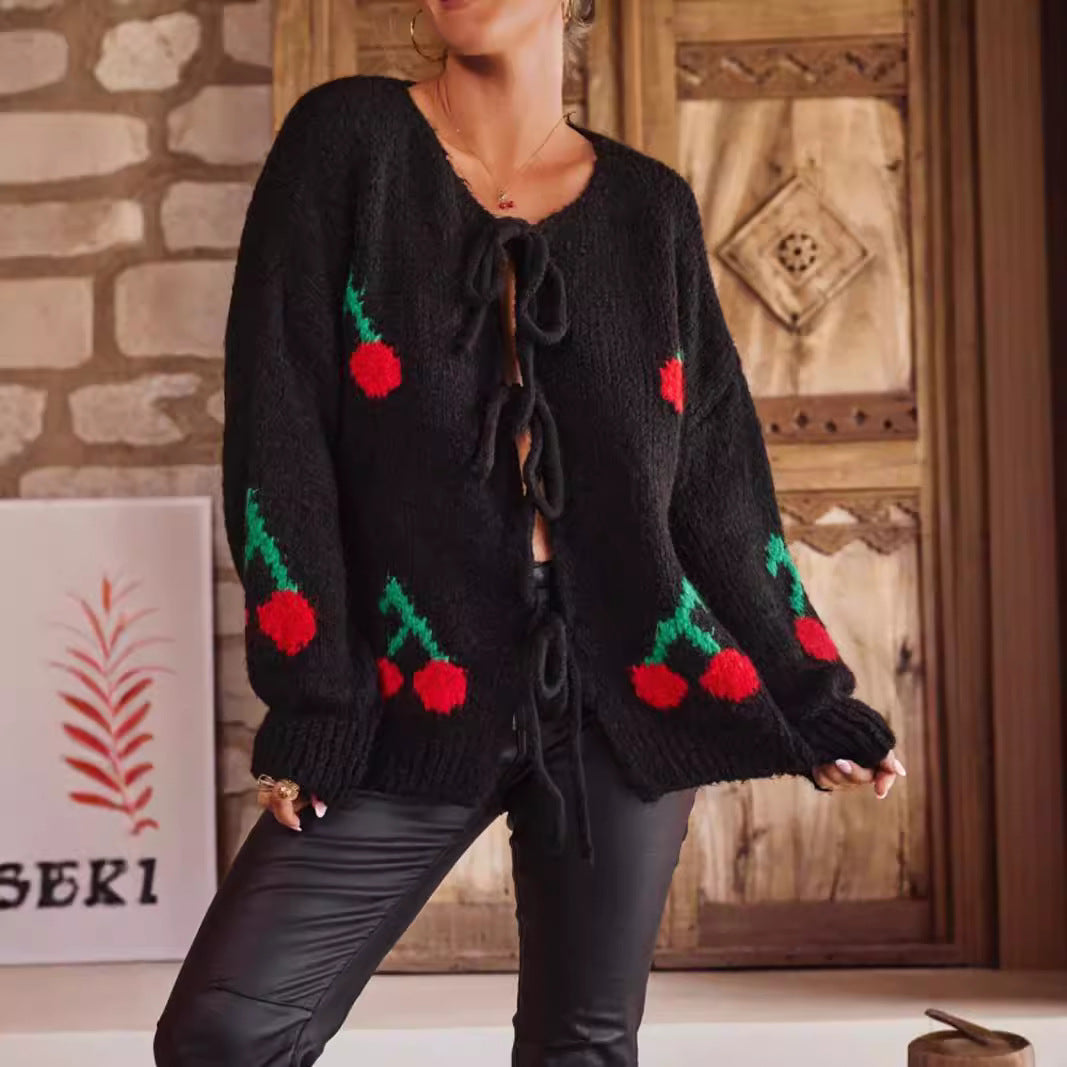 Damen Strickjacke Kirschmuster mit Kordelzug Norvielle