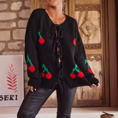Damen Strickjacke Kirschmuster mit Kordelzug Norvielle