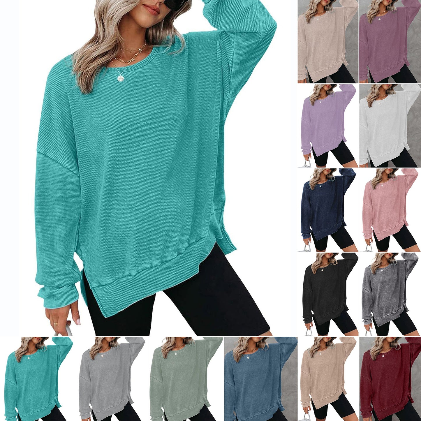 Damen Waffelpullover Mit Seitenschlitzen Norvielle - Norvielle