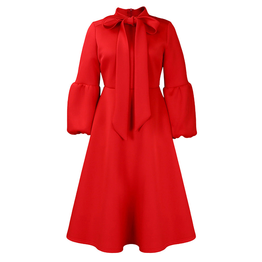 Damen Midi-Kleid Längere Puffärmel Elegante Schleife