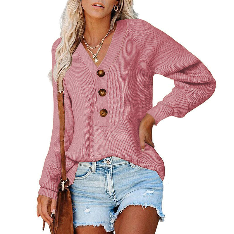 Damen Pullover V-Ausschnitt Holzknöpfe Norvielle