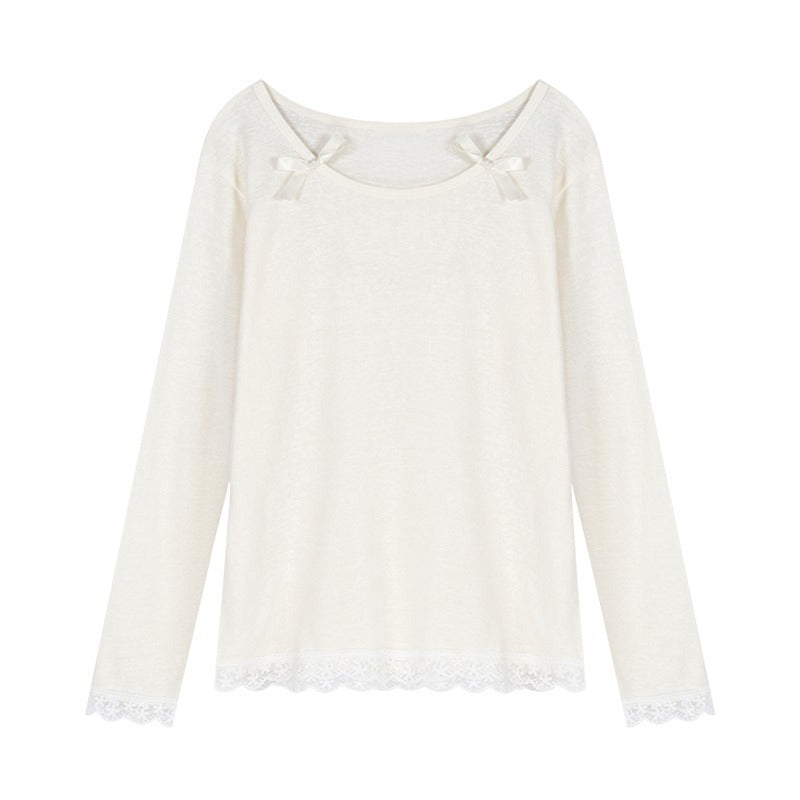 Damen Elegantes Longsleeve-Shirt Spitzendetails Weiß
