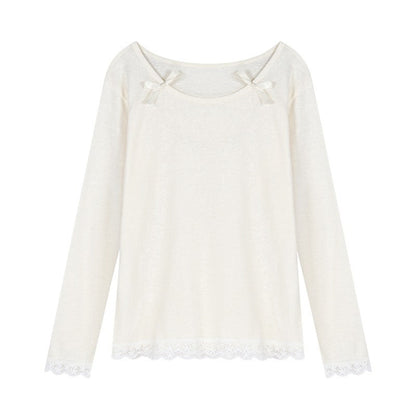 Damen Elegantes Longsleeve-Shirt Spitzendetails Weiß