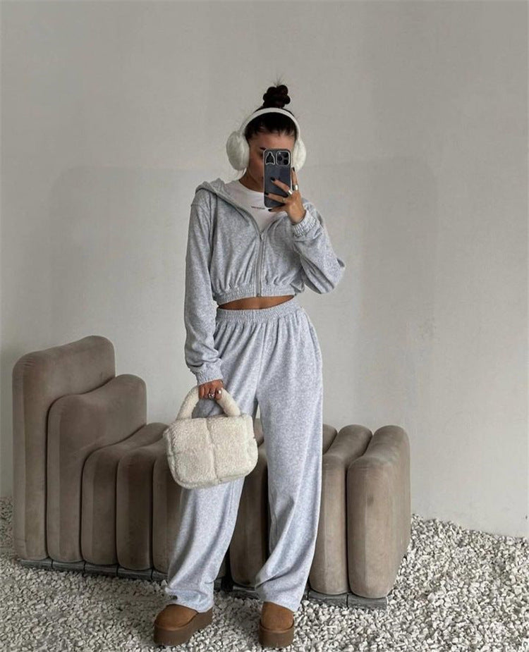 Damen Velours Freizeit-Set mit Kapuze Elastisch Beige