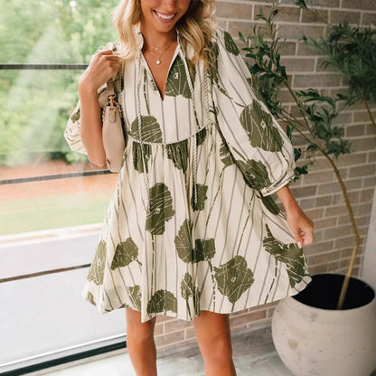 Damen Sommerkleid V-Ausschnitt Ballonärmel Locker Sitzend