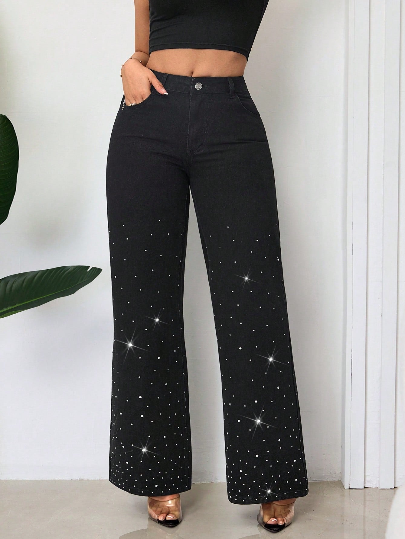 Damen High-Waist Jeans Strassbesatz Weit Schnitt